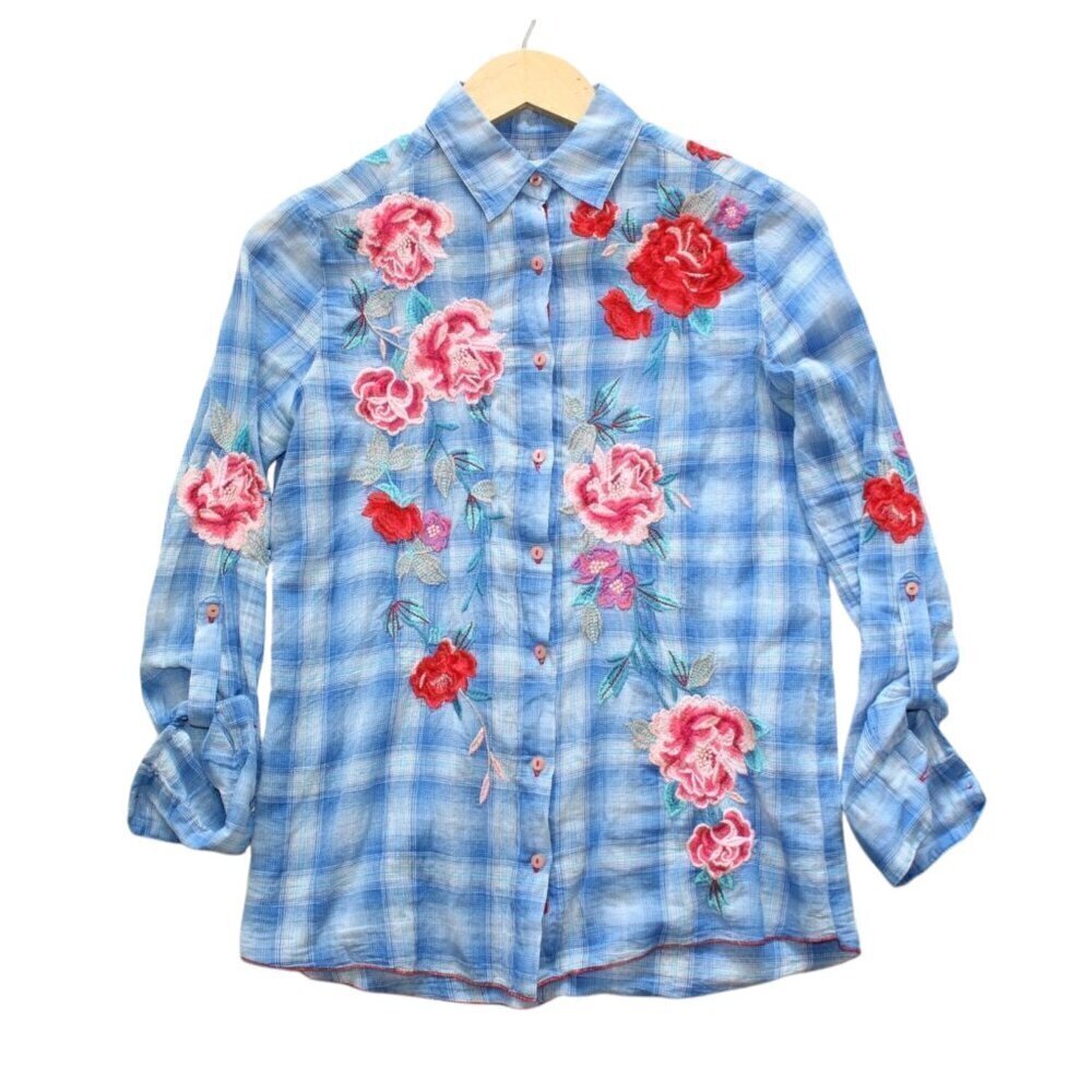 Johnny Was 3J Workshop Shirt Size XS Stripped Floral Embroidered Multicolor Boho